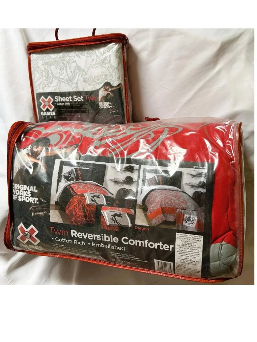 TWIN sz~Comforter Sheet Set~vtg X-Games Extreme Sports dragon biking~COTTON Rich